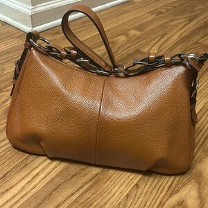 FZone Camel Colored Peebled Cowhide Leather Satchel Handbag with Silver Hardware